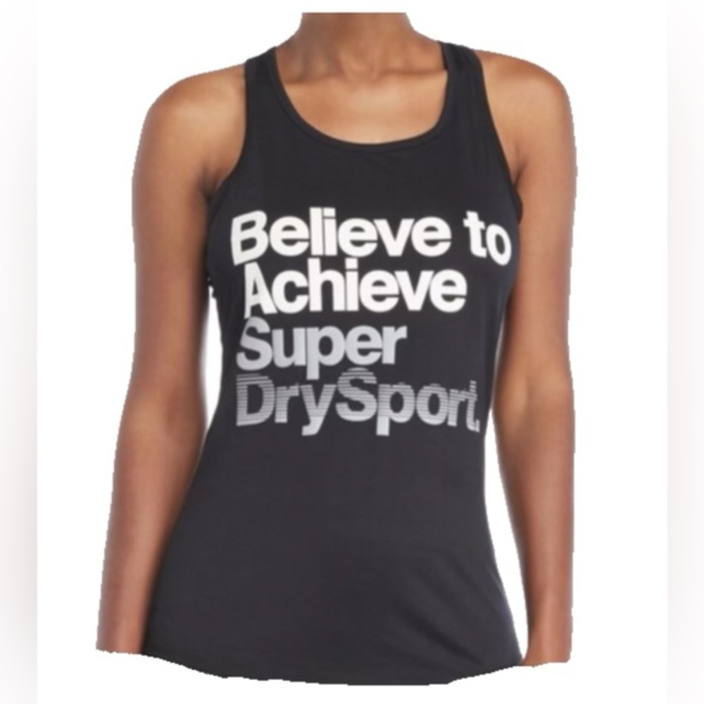 Superdry Sport Racerback Tank Top Large Black “Believe to Achieve” NWT